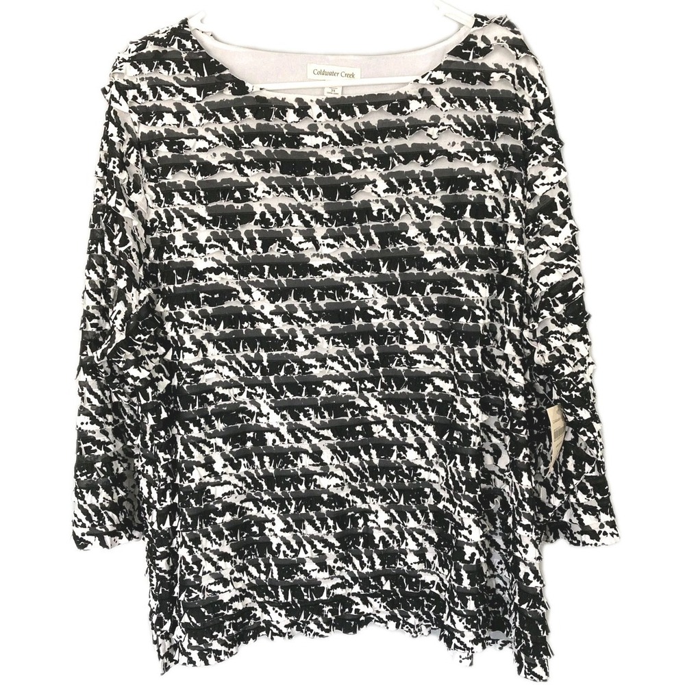 Coldwater Creek Blouse Women 3X Blk Ruffle Knit Tiered Boat Neck 3/4 Sleeve NWT